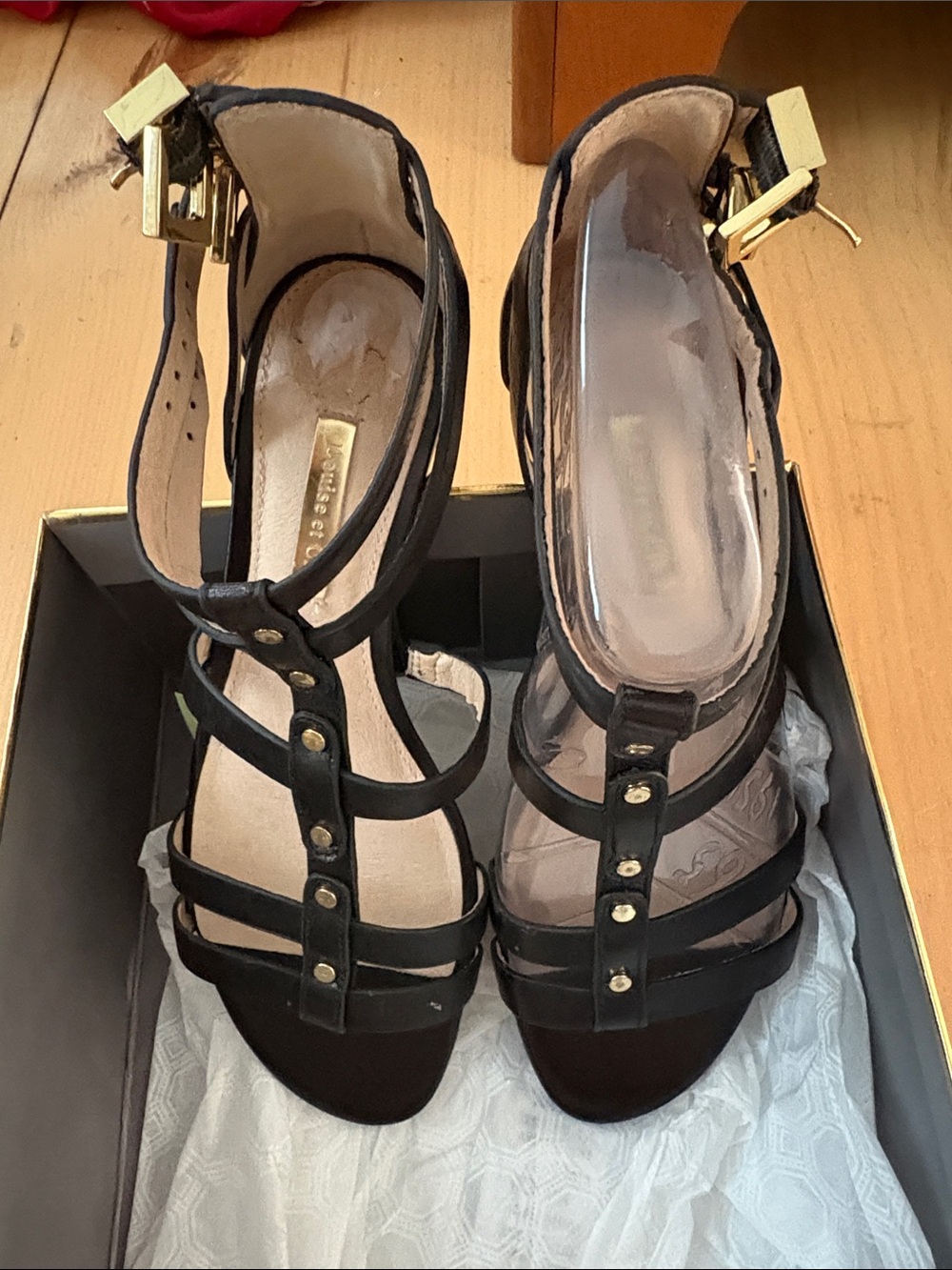 Louise et Cie Black Strappy T‑Bar Heels with Gold Buckles